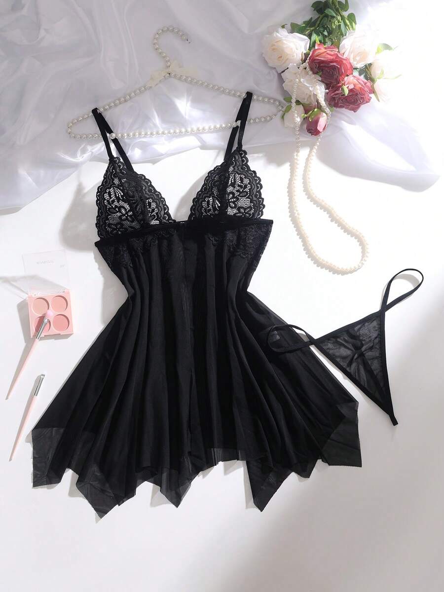 Sexy Lingerie, Sexy Suspender Nightgown, See-Through Temptation Nightgown Set, Thong - Black - View 1