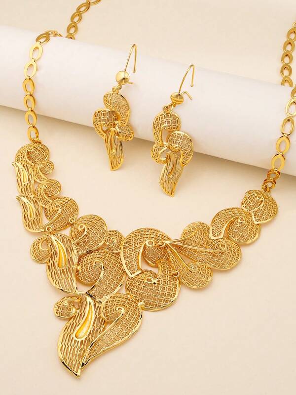 3 Stücke/Set modisches, exquisites Schmuckset mit spiralförmigem Cut-Out-Design, Halskette und Ohrringe in kupfergoldener Beschichtung, Dubai Saudi-Arabien Stil. Geeignet als Kleidungsaccessoire für Frauen bei Hochzeiten, Partys und Veranstaltungen.