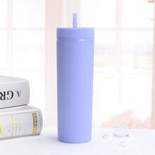 500毫升/17盎司双层哑光橡胶可重复使用直吸管杯，男女通用办公水瓶，高品质玻璃杯，咖啡杯。适用于办公室、餐厅、户外、学校以及生日、母亲节、节日礼物 - 彩色 - 查看 6