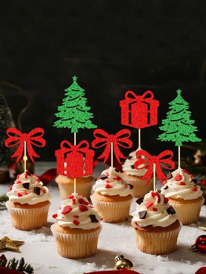 12 件/套圣诞纸杯蛋糕装饰 - 闪光礼品盒、圣诞树、蝴蝶结、圣诞符号 - 适合圣诞派对、圣诞主题生日派对、送礼、新年派对、节日派对蛋糕装饰