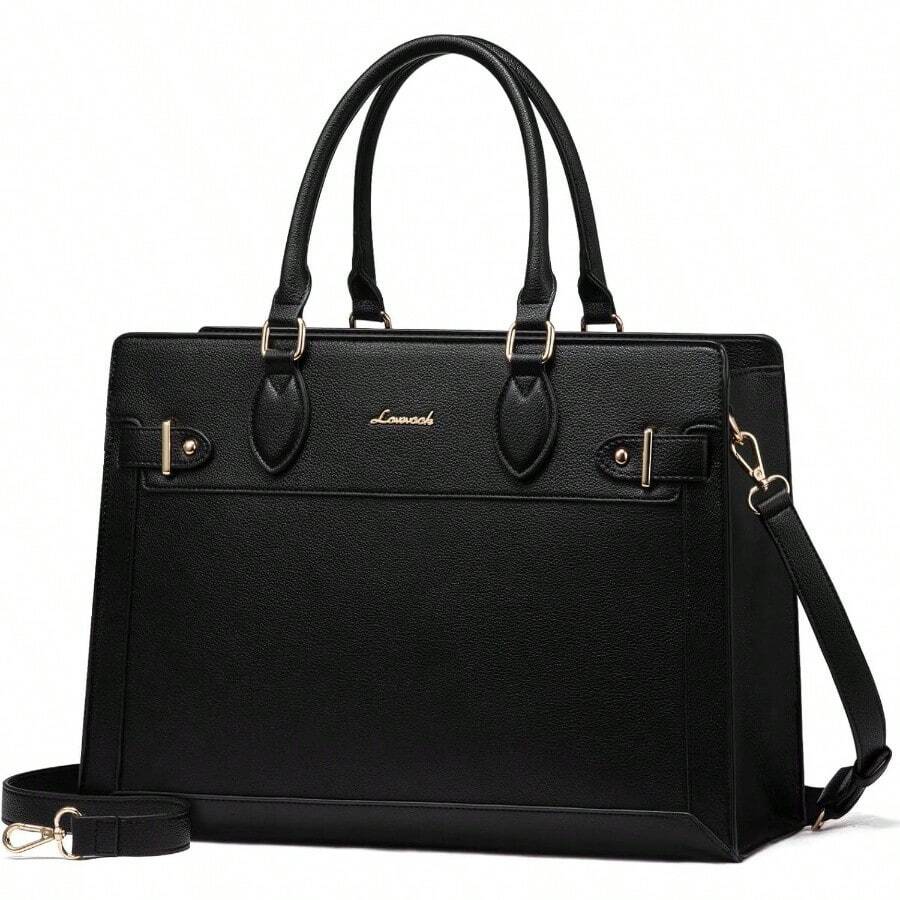 Laptop Bag Women 15.6 Inch Work Tote, Business Computer Briefcase, Waterproof PU Leather Tote Bag Teacher, Office Shoulder Tote Purse - 15.6吋+黑色 - 查看 1