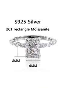 1 件女士结婚戒指，简约矩形女士戒指，2 克 S925 纯银，2 克拉莫桑石，波西米亚皇家风格，订婚/婚礼/周年纪念/情人节礼物，附有莫桑石证书和精美礼品盒