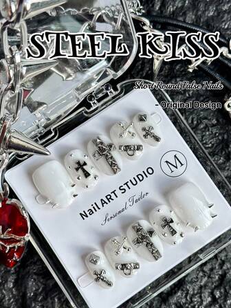 10pcs Handmade Punk Style Nail Stickers, Medium Square False Nails, French White Nail Wraps With Cross, Paperclip Elements, Rivets And Transparent White, Cyberpunk Metallic Armor Nail Art Set, Suitable For Daily Wear And Occasions, Press-On Application