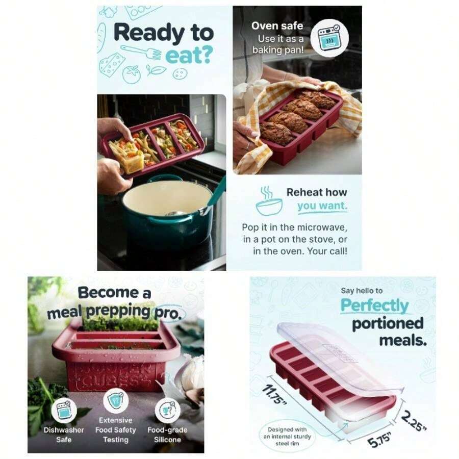 12 Cup Silicone Freezer Mold, Storing Soups, Sauces, Juices, Desserts, Smoothie Prep And More, Freezer Portion Mold Meal Prepping - Cranberry - 1 - Pack - Nam việt quất + 1 gói - Xem 1