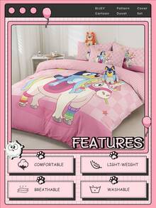 Bluey 2/3件套布鲁伊（Brui）被套套装，布鲁伊独角兽图案床上用品套装，柔软透气，亲肤舒适，卡通风格被套套装，柔软抗起球，可爱家纺，布鲁伊房间装饰，包含1个被套和1/2个枕套，不含被芯
