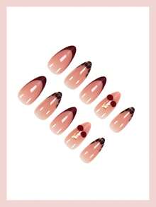 24 片装中号杏仁按压指甲豹纹法式指甲红色樱桃图案光泽全覆盖复古风格女士女孩假指甲日常佩戴约会派对