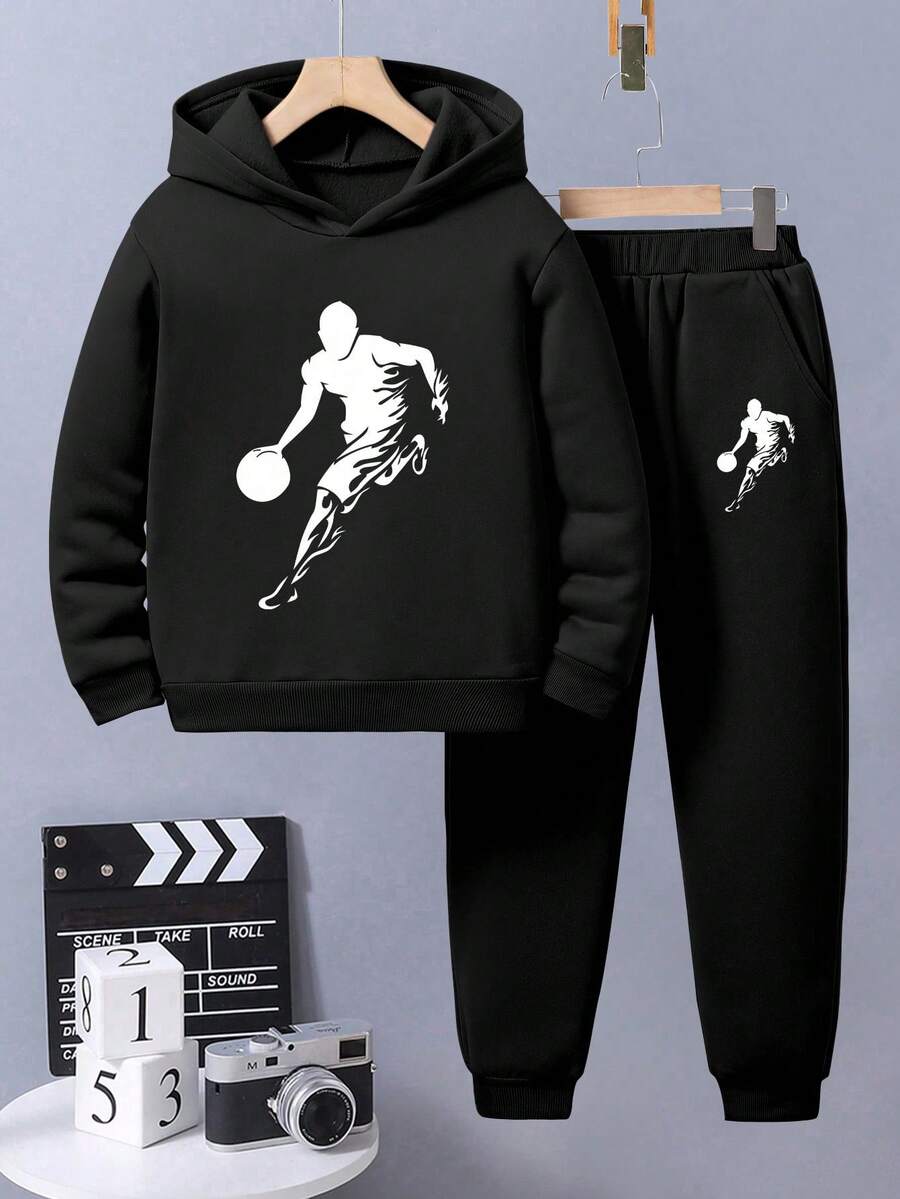 青少年男孩卡通印花保暖连帽衫和运动裤套装 - 黑色 - 查看 1