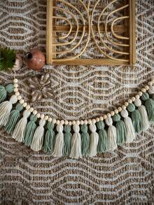 1pc Handmade Christmas Tassel Wreath - Ombre Green With Accents Of Navy, Gray, Light Green, Light Brown And White. Colorful Tassel Garland Decor, Can Be Hung On Wall For Home Decor, Boho Tassel Wreath, Classroom Holiday Decoration To Add Festive Vibe To Your Home. - Multicolor - View 7