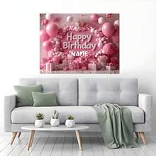 Customizable Pink Balloon Happy Birthday Backdrop, Gold Glitter Crown, Pink Floral Gift Box Design, Suitable For Princess Birthday, Baby Shower, Cake Table Decor, Photography Props, Vinyl Material,Party Top, Event Banner - E - View 8
