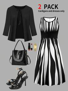 Plus Size Women's New 3/4 Sleeve Tie Front Cardigan Jacket Paired With Asymmetrical Striped Print Round Neck Sleeveless Dress 2-Piece Set, Autumn/Winter