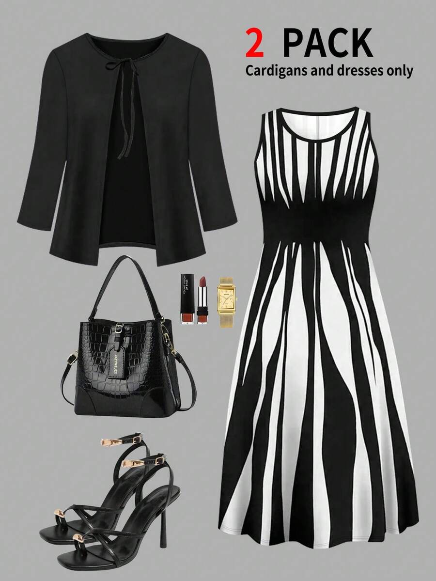 Plus Size Women's New 3/4 Sleeve Tie Front Cardigan Jacket Paired With Asymmetrical Striped Print Round Neck Sleeveless Dress 2-Piece Set, Autumn/Winter