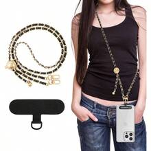 Universal Phone Lanyard, Adjustable Metal Cell Phone Chain Crossbody Strap Anti - Theft Detachable Women Cellphone Lanyards Around Neck with Patches, Most Smartphones, Black - inicial - Ver 2