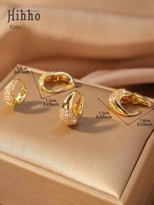 Hihho 4 件/套锆石镶嵌女士耳环，闪亮优雅 18K 镀金经典环状耳环套装 - 金黃色 - 查看 9
