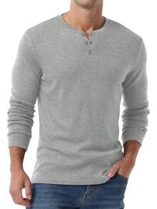 Men's Henley Long Sleeve Casual Classic Button Pullover Tee - Styles - Gray - View 11