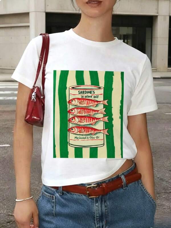 Camiseta Casual Feminina de Manga Curta com Estampa de Lata de Peixe Listrada, Verão