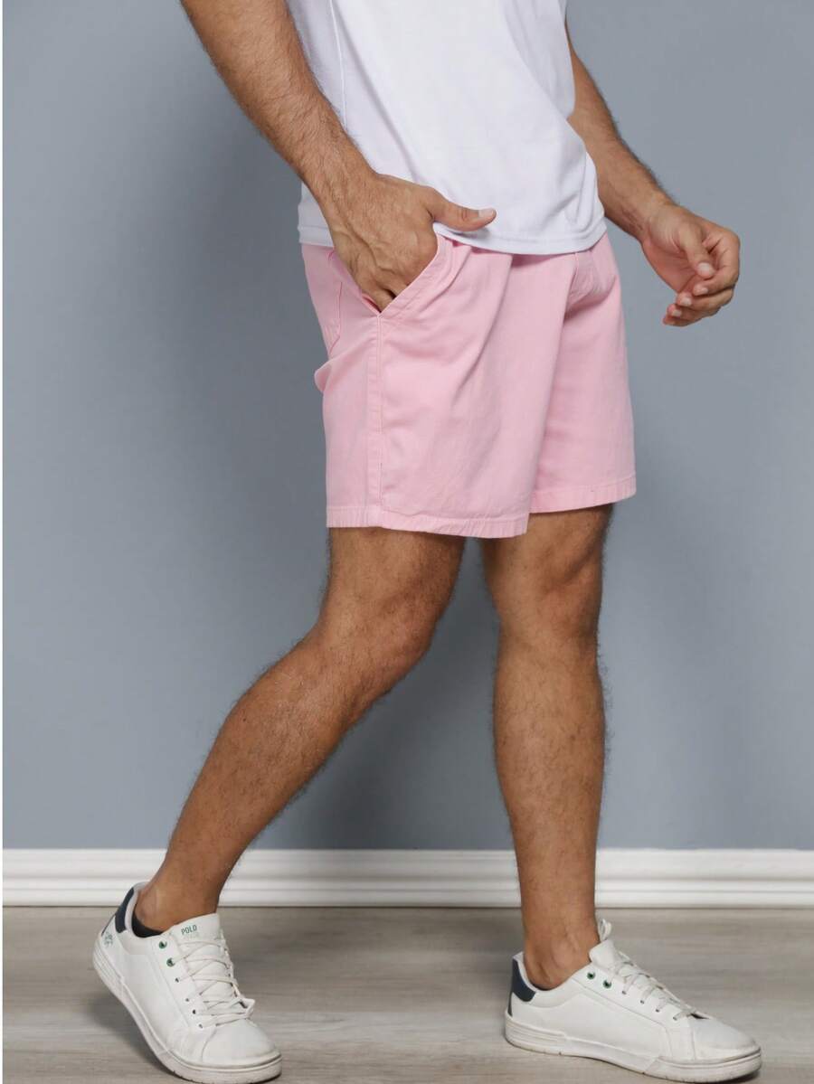 Men's Bermuda Shorts In Twill Denim Fabric With Elastic Waistband - Baby Pink - View 1