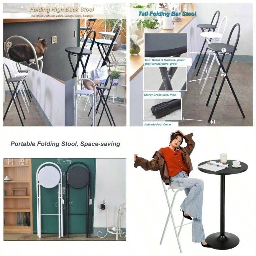 Folding Bar Stool Portable with Backrest Footrest, Counter Height Foldable Stool, White Tall Bar Folding Chair, Round Kitchen High Chair, Breakfast Camping Outdoor - 2 piezas + 65 cm/26 pulgadas - Ver 1