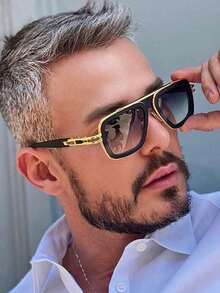 1pc Men's Double Beam Fashion Glasses, European And American Style Streetwear Shades, And Versatile Eyeglasses For Outdoor Gatherings Accessories Beach Accessories Glasses Shades Looks Street Style And Suit For Sweater Jacket Sweatshirt Hoodie Leather Pants And Cargo Pants - 金黑色 - 查看 5