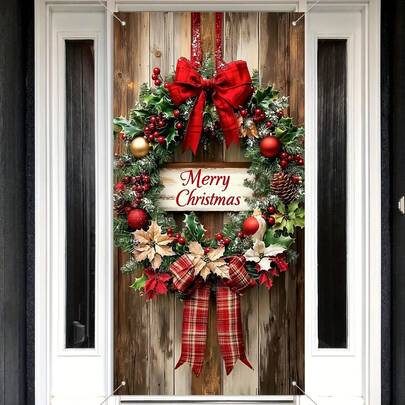 Cubierta de puerta de corona de Navidad de 89.92x179.83cm de poliéster con lazo rojo, decoración navideña multiusos para interiores/exteriores, sin necesidad de alimentación eléctrica, adecuada para Navidad