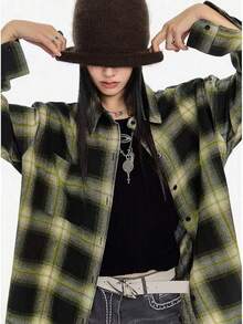 女士休闲复古格子长袖衬衫，宽松翻领衬衫，通勤百搭，时尚上衣带口袋，面料柔软舒适，适合春夏秋冬 - 綠色 - 查看 8