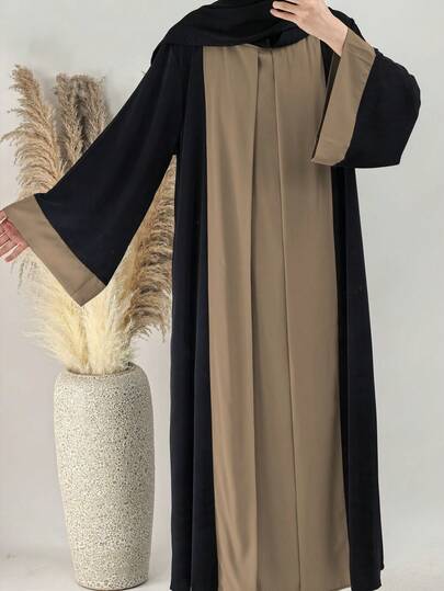 1 pieza Elegante, transpirable y cómoda abaya negra con parches burdeos de diseño versátil y de moda 2 en 1