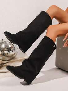 秋冬性感时尚折叠靴，金属扣装饰，尖头修身高跟休闲黑色及膝靴，褶皱绒面革女款，百搭时尚派对及膝黑色女靴 - 黑色 - 查看 4