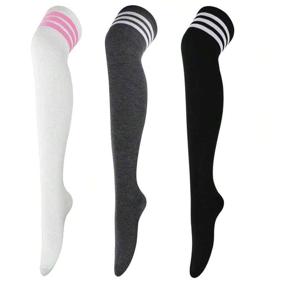 DRESHOW 3 Pairs Thigh High Socks Striped Over Knee Thin Tights Long Stocking Knee High Leg Warmer{"Color_name":"3PairsA:White/DarkGrey/Black"} - 多色1 - 查看 1