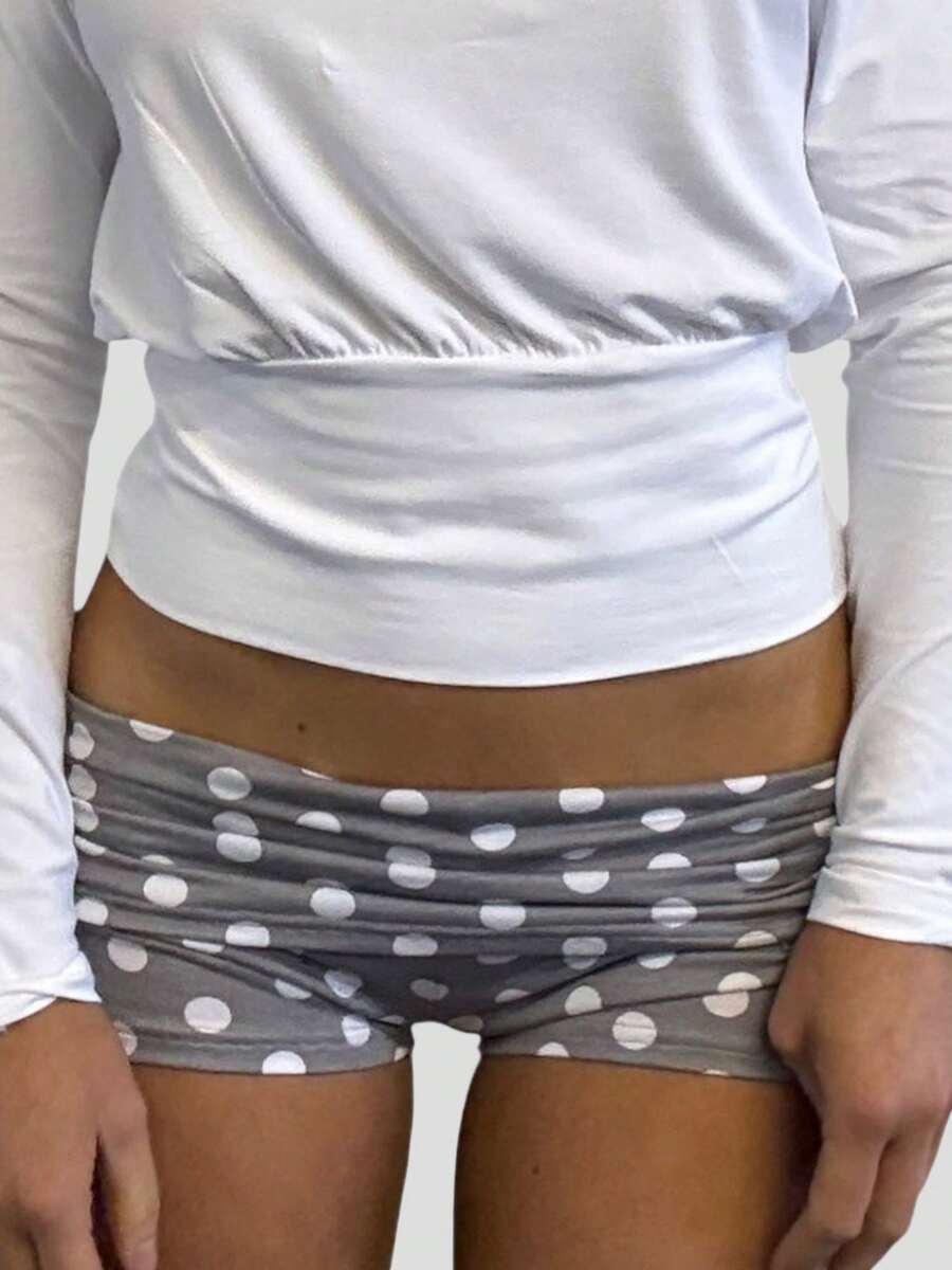 Womens Fold Over Shorts Stripe/ Dots Print Elastic Waist Low Rise Y2k Lounge Shorts Foldover Cute Pajama Micro Bottoms Mini Shorts Loungewear Summer Casual Skinny Pj Bottom Sleep Shorts - 淺灰色 - 查看 1