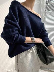 女士马海毛毛衣，露肩不对称宽松休闲上衣 - 藏青色 - 查看 2