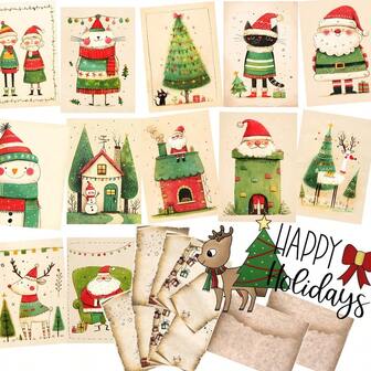 Juego de 50 piezas de papelería con tema navideño: Patrón lindo de chimenea de Santa (12 tarjetas/16 hojas de carta/2 sobres/20 pegatinas de sellado) - Perfecto para decoración de banderas de Navidad, proyectos de manualidades DIY, álbumes y adornos