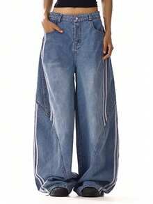 Jeans en denim à jambes larges et délavés pour femmes, taille basse, élégants pour les rendez-vous, les trajets, les sorties décontractées et les vacances à l'université