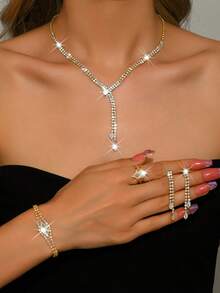 5pcs Luxury Rhinestone Embellished Necklace, Earrings, Bracelet And Ring Set For Women's Daily Commute, Wedding, Party And Holiday Gifts