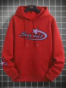 Sudadera con capucha casual para hombre con estampado de lema, elemento de meteoro y forro térmico, para otoño/invierno