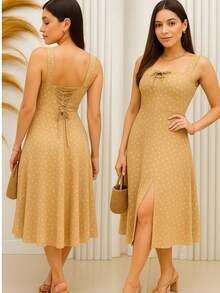 Women's Floral Dress With Slit, Summer 2025 - 卡其色 - 查看 1