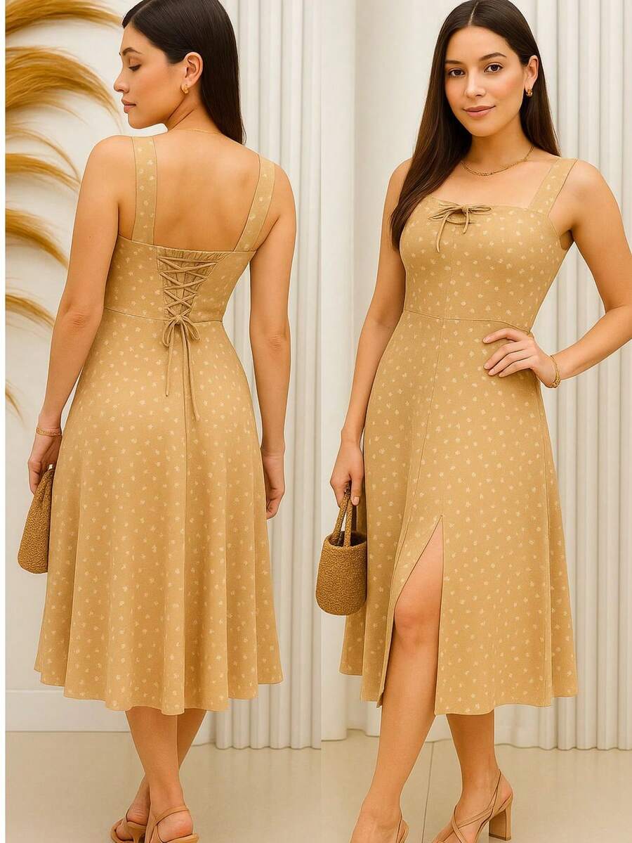 Women's Floral Dress With Slit, Summer 2025 - 卡其色 - 查看 1