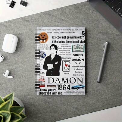 1 caiet A5 cu design tematic vampir, legare spiralată, inspirat de "Damon Salvatore" din Jurnalele Vampirilor, potrivit ca și cadou pentru fani și prieteni, papetărie de birou și casă, caiet personalizat | copertă durabilă, caiet vampir