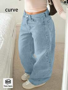 Plus Size Women's Versatile Simple European-Style Straight-Leg Jeans Summer/Fall Edition Features Pockets, Zipper, And Button Details - 淺色水洗藍 - 查看 2