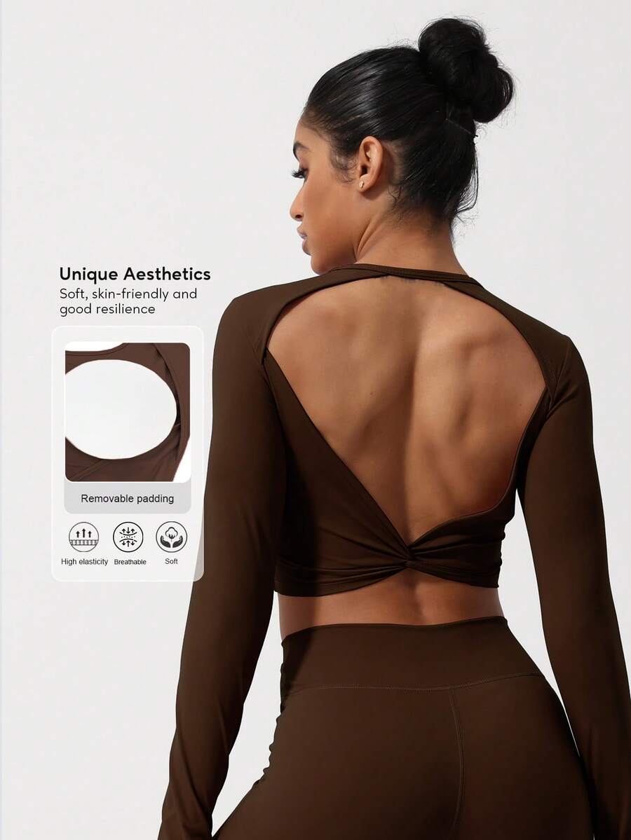 Sodalemon Women Twist Beauty Back Long Sleeve Thumb Hole Crop Sport Shirt - 咖啡棕 - 查看 1