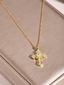 1 Pc Simple Cross Necklace For Men Women, Stainless Steel Chian Silver. Gold Latin Cross Pendant Necklaces - Multicolor - View 4