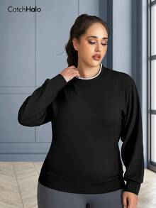 1 pieza Sudadera de manga larga talla grande, parte superior de punto waffle casual deportiva con bloques de color y cuello redondo, ligera y suave con ajuste holgado, para otoño invierno gimnasio yoga diario, sudadera deportiva para mujer
