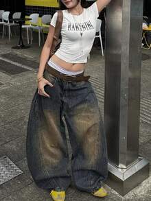 女士高腰阔腿牛仔裤 - 舒适休闲裤，宽松版型带口袋，修身设计 - 淺色水洗藍 - 查看 10