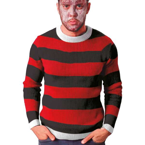 Fiestas Guirca Suéter Assassino para adultos com design de riscas vermelhas e pretas, roupa casual para homens com estilo urbano e características distintas, ideal para uso diário, participação em eventos temáticos ou encontros, disponível em várias tamanhos