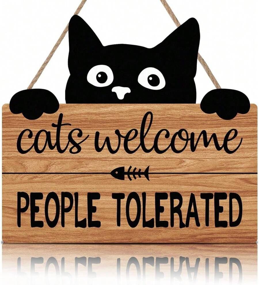 IARTTOP Black Cats Wood Sign Decor Funny Cats House Wooden Plaques Welcome Door Sign (10X11 Inch) Kitten Hanging Signs Cute Animal Welcome People Tolerated Themed Gifts Pet Shop Home Decor