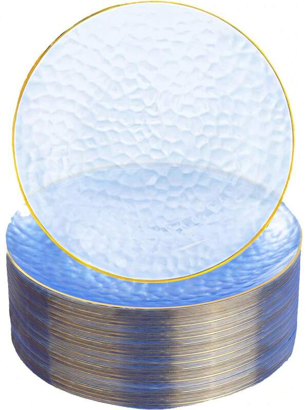25pcs Transparent Blue & Gold Glass Plates, Reusable Hammered Texture Plates, Blue Party Plates, Dessert Plates, 7-Inch Side Dish Plates, Perfect For Parties