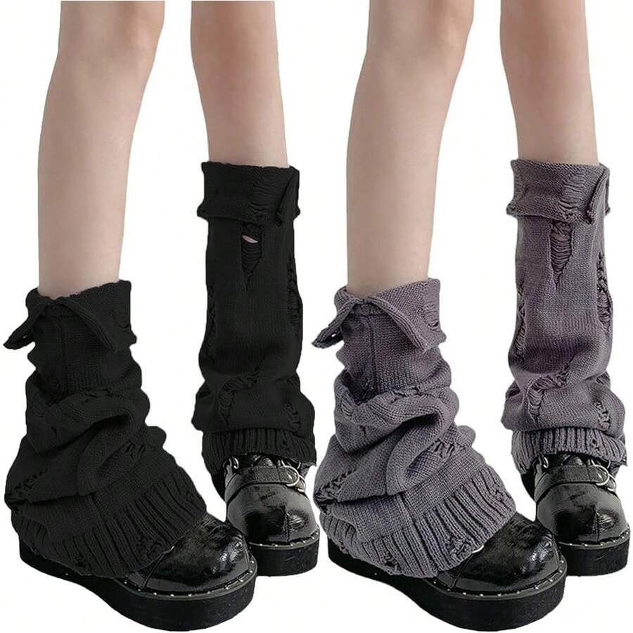 SherryDC Womens Y2k Knit Leg Warmers Harajuku Japanese Long Boot Socks Kawaii Lolita Winter Leg Cover{"Color_name":"900-Black+Grey"} - 多色6 - 查看 1