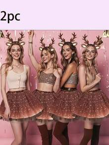 2 Pieces Christmas Carnival Party Performance Antler Headbands With Reindeer Ears + Puffy Skirts, Deer Accessory Sets - Khaki - View 5