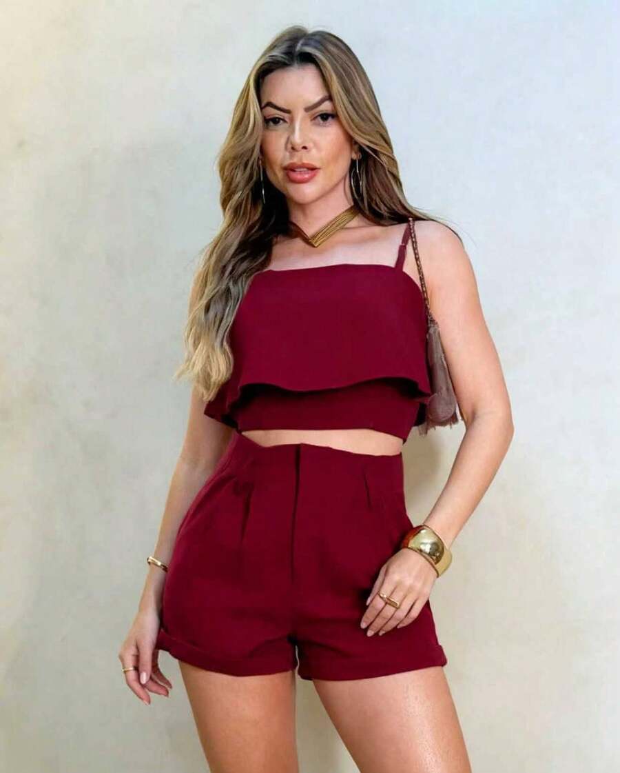 Solid Women's Tailored Set, Cropped Top And Shorts - 酒紅色 - 查看 1