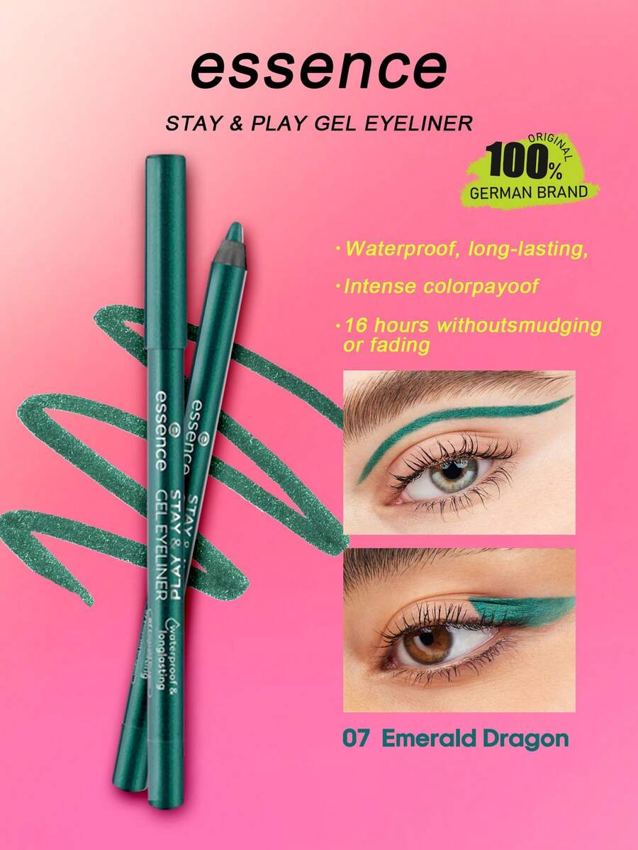 Essence Stay & Play Gel Eyeliner Pencil 07 Jade Dragon, Gel Texture, Smooth Color Payoff, Long-Lasting & Waterproof, High Pigmentation, Smooth Application, Quick Drying, 1.3g/0.05oz.