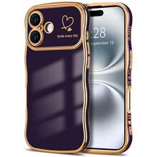 For IPhone 16 Plus Case Wave Wavy Phone Cases With Love Heart, Luxury Plating Edge Cute Curly Shape Cover For Women Girls, Thin Slim Soft TPU Rubber Shockproof Protective Cover, Dark Purple{"Color_name":"DarkPurple","Size_name":"ForiPhone16Plus-6.7inch"} - 多色9 - 查看 1