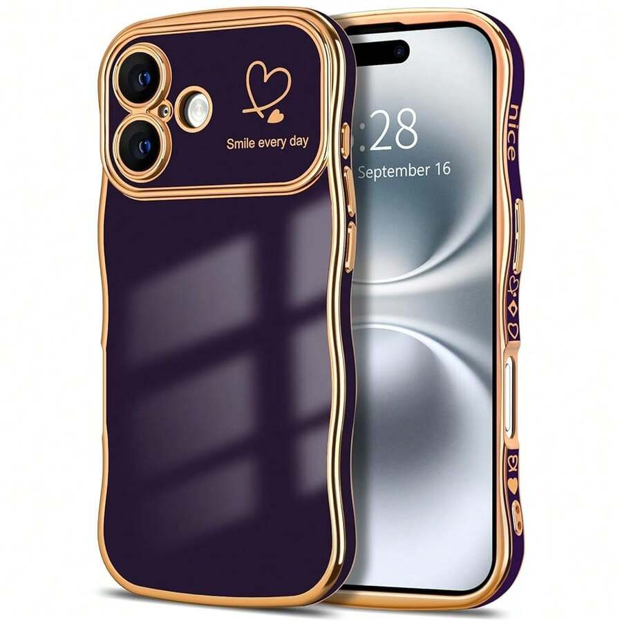 For IPhone 16 Plus Case Wave Wavy Phone Cases With Love Heart, Luxury Plating Edge Cute Curly Shape Cover For Women Girls, Thin Slim Soft TPU Rubber Shockproof Protective Cover, Dark Purple{"Color_name":"DarkPurple","Size_name":"ForiPhone16Plus-6.7inch"} - 多色9 - 查看 1